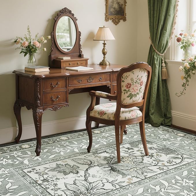 GarveeHome Provence 5x7 Area Rugs, Botanical Grove Soft Cottagecore Non-Slip Washable Rug for Bedroom Living Room Nursery Kitchen Low-Pile Retro Carpet Gray Fog Green