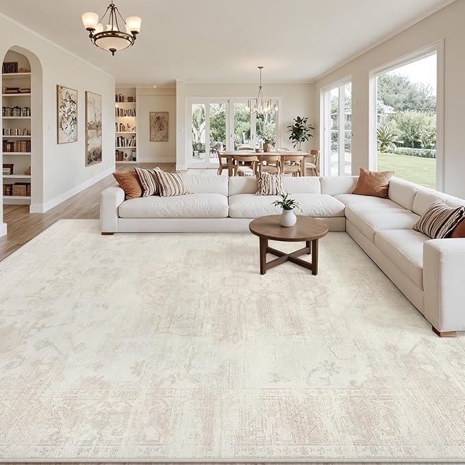 Area Rugs 9x12 Living Room: Vintage Boho Neutral Washable Rug Indoor Soft Large Area Rug Carpet for Bedroom Nursery Farmhouse Dining Room Office Floor Non-Slip Low Pile Under Table Rug Cream Beige