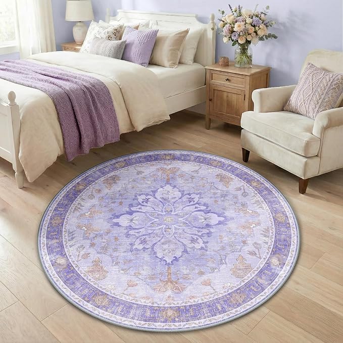 Area Rugs 4ft Washable Non-Slip, Floral Vintage Distress Print Pattern Medallion Carpet for Living Room Bedroom Dining Room, Light Purple Brown