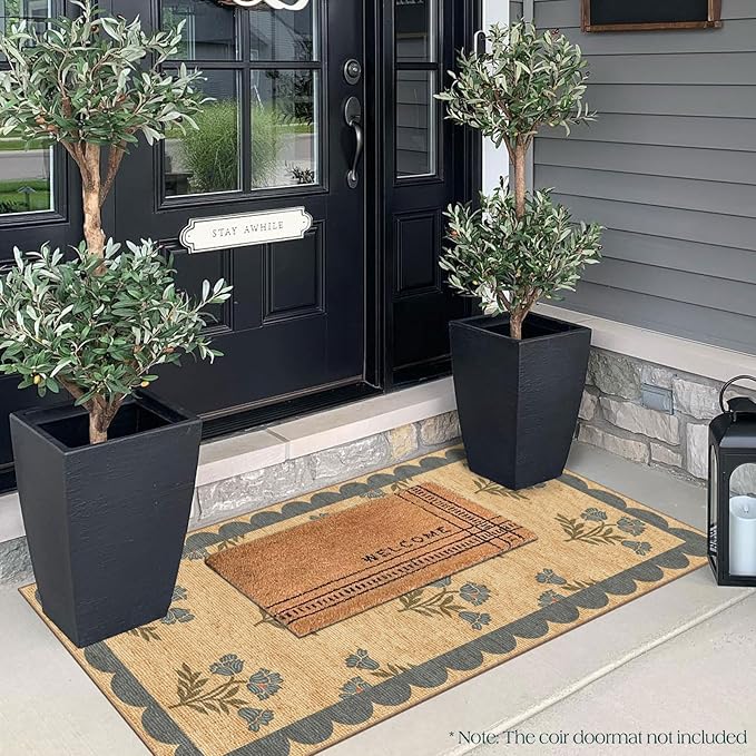 Front Door Mat Indoor Entrance - 2x4.3 Ft Blue Floral Washable Layered Doormat Outdoor Entrance Porch Rug Non-Slip Neutral Country Jute-Look Runner Rug for Kitchen Laundry Room Porch Decor