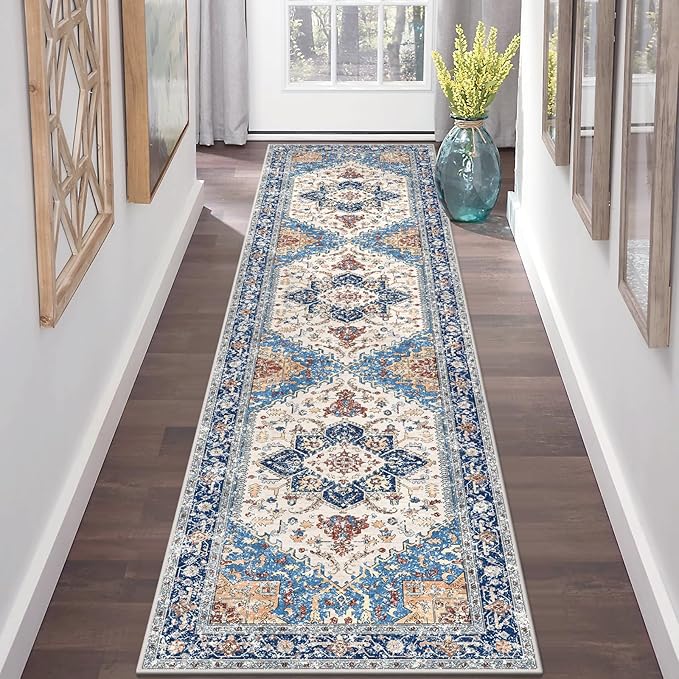 Yamaziot Washable Runner Rug, 2x8 Non-Slip Boho Vintage Hallway Rug with Rubber Backing, Low Pile Faux Wool Distressed Carpet Runner for Bedroom, Kitchen, Laundry, Entrance
