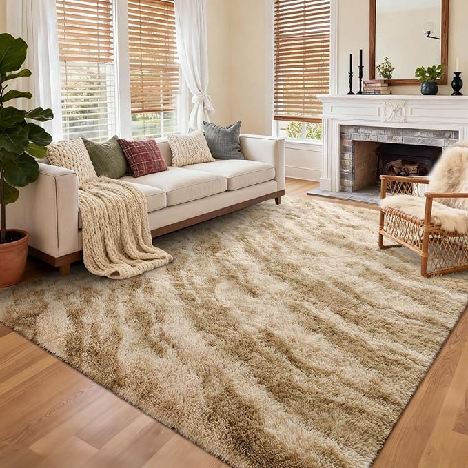 Area Rugs for Living Room, Tie-Dyed 4x6 Feet Soft Fluffy Shagg Plush Rug High Pile Indoor Modern Non-Slip Floor Carpet for Bedroom Nursery Kids Home Room Dorm Decor Aesthetic Khaki