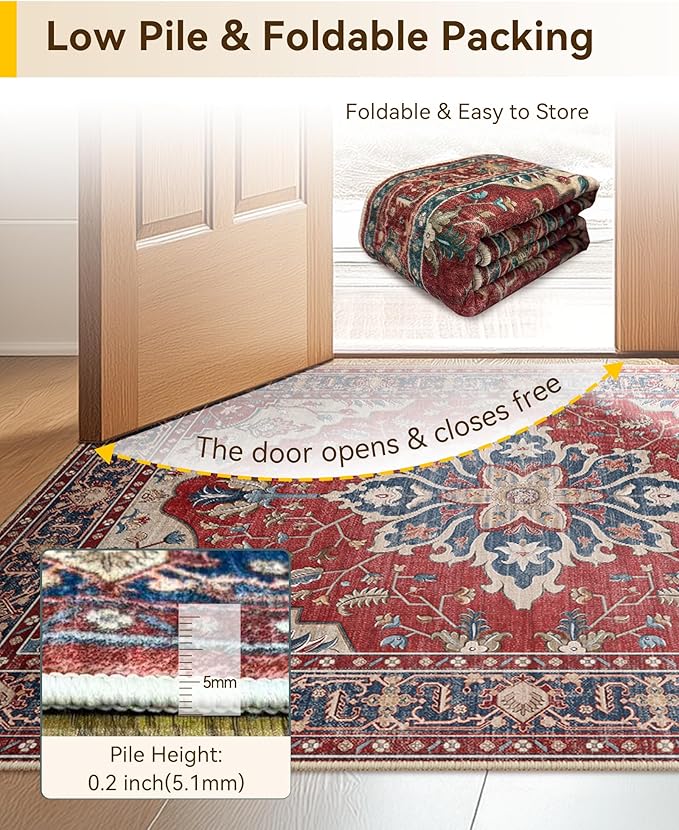 RELEANY Area Rugs Round 8ft Washable Non-Slip, Floral Vintage Distress Print Pattern Medallion Carpet for Living Room Bedroom Dining Room, Red Blue