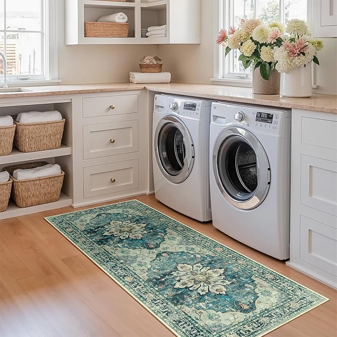 Area Rugs 2'x6' Runner Rug Non Slip Washable for Kitchen Hallway Bedroom Beside Laundry Room Bathroom Rug, Floor Carpet, Dark Blue Vintage