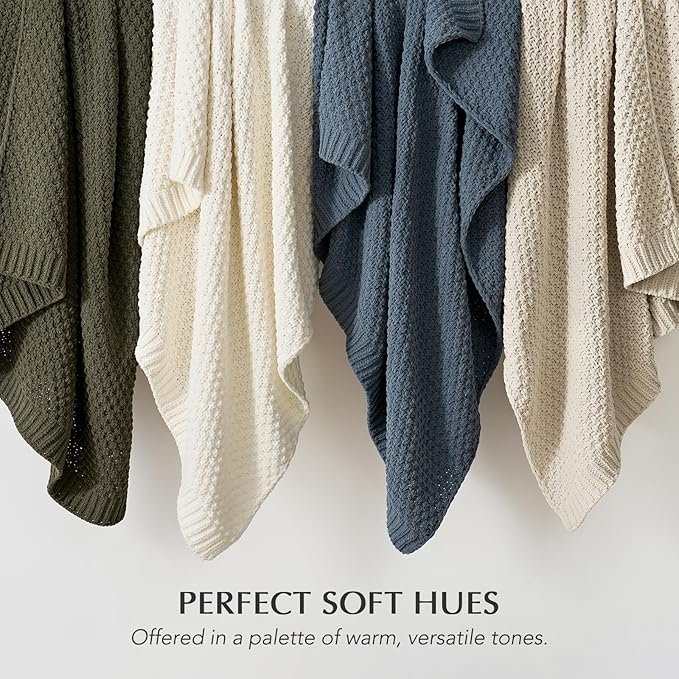 EVERGRACEHOME Chunky Chenille Knit Throw Blanket for Couch, Soft Luxurious Moss Stitch Blankets for Bed, Cozy Decorative Farmhouse Knitted Throws for Sofa, Ivory White, 60" x 80"