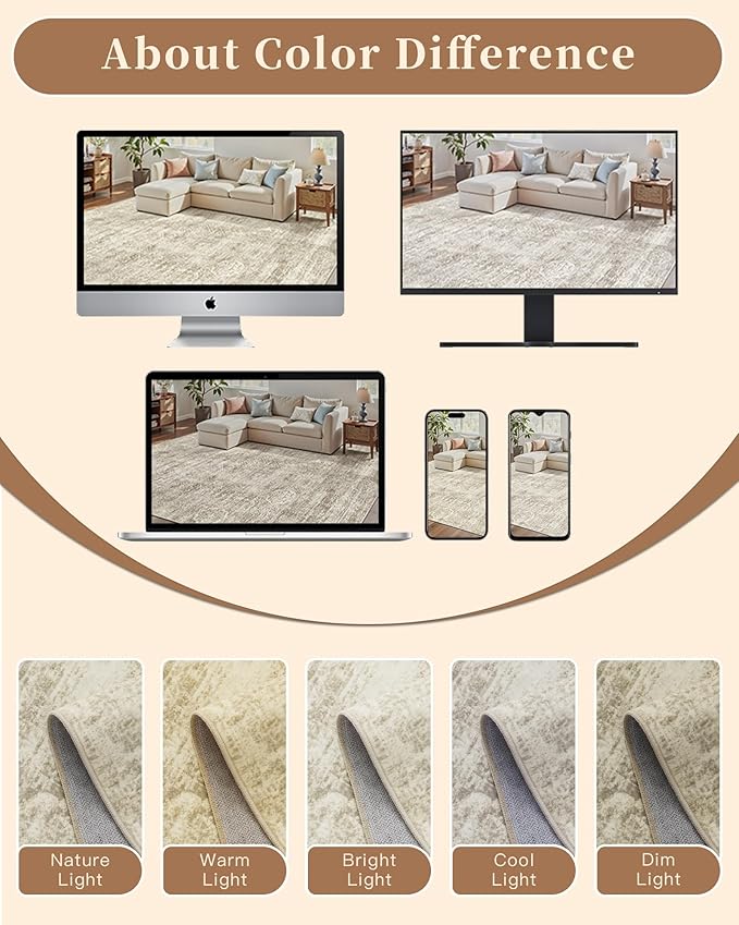 Madane 6x9 Area Rugs for Living Room, Machine Washable Vintage Beige Rug with Non-Slip Backing, Soft Throw Rugs, Thin Stain Resistant Carpet for Bedroom Dining Room Farmhouse Home Office