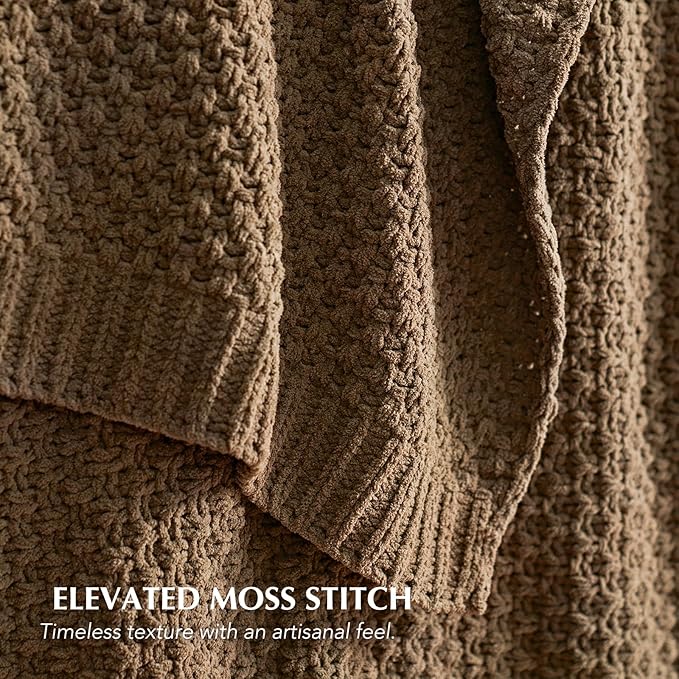 EVERGRACEHOME Chunky Chenille Knit Throw Blanket for Couch, Soft Luxurious Oversized King Moss Stitch Blanket for Bed, Large Cozy Farmhouse Knitted Throw for Sofa, Camel Brown, 92" x 108"