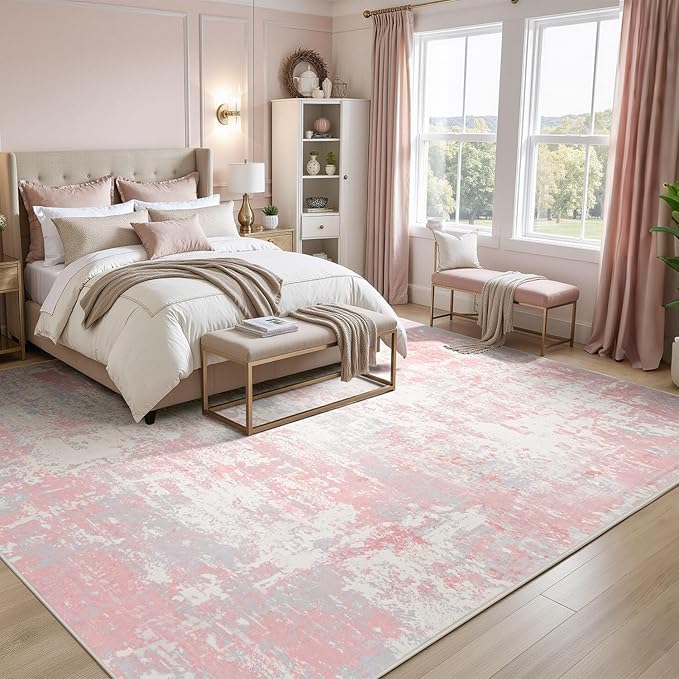 Rugflix 8x10 Area Rugs for Kids Girls Room, Washable Large Rug Stain-Resistant Low Pile, Modern Non Slip Carpet for Nursery Bedroom Living Room Home Office, Pink