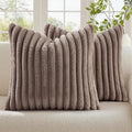 decorUhome Cozy Faux Fur Throw Pillow Covers 16x16 Set of 2 Decorative Soft Plush Striped Modern Farmhouse Boho Couch Pillow Cases with Velvet Back for Sofa Bed Living Room, Light Coffee