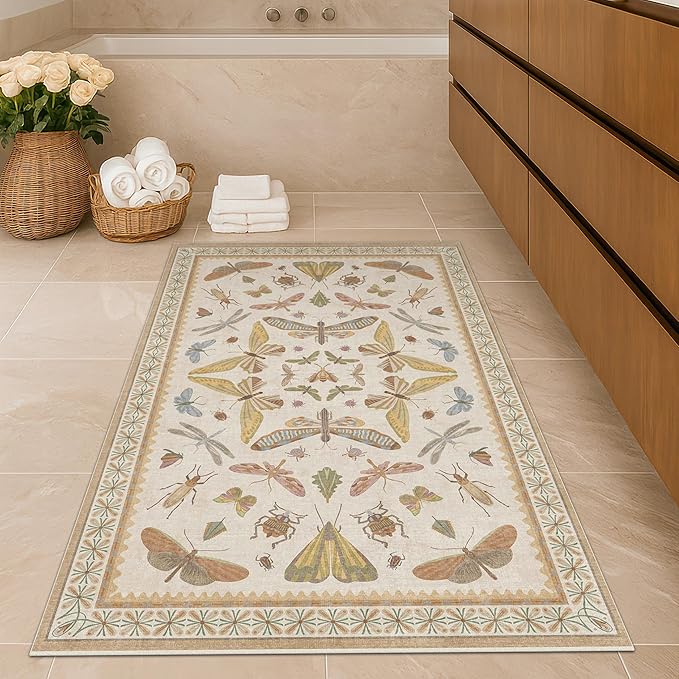 Hazo Haus 3x5 Washable Non-Slip Bathroom Rug, Colorful Insect Rug for Kids Room - Ultra Soft Low Pile Cottagecore Butterfly & Beetle Pattern for Nature-Inspired Home Décor