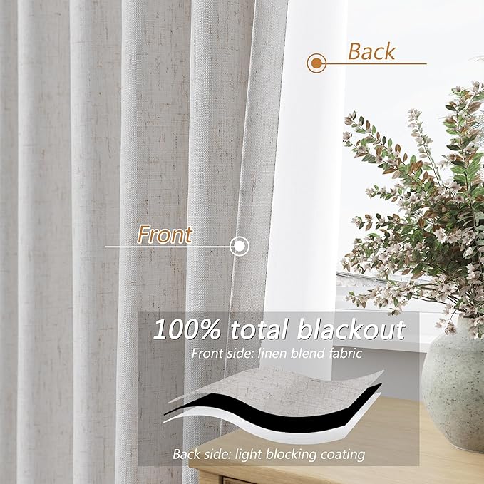 Guken Natural Extra Long 100% Blackout Curtains 132 Inch Length 2 Panels Set Back Tab Thermal Insulated Black Out Tall Windows Drapes for High Ceiling Living Room Bedroom, 52" W x 132" L