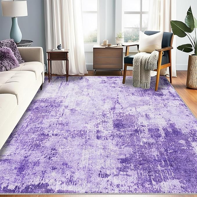 Washable Area Rugs 7'x9' Non-Slip Modern Abstract Soft for Living Room Entryway Bedroom Nursery, Print Pattern, Purple Gray Pink White