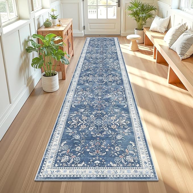 Yamaziot Washable Runner Rug 2x10 – Floral Non Slip Boho Hallway Runner Rug with Rubber Backing, Low Pile Faux Wool Distressed Carpet for Kitchen, Laundry, Bedroom, Entrance, Blue