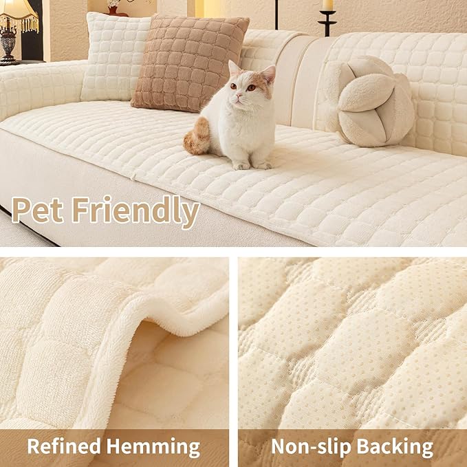 Velvet Couch Covers for Dogs, Dog Sectional Couch Covers, Pet Couchs Cover for Large Sectional, Couchs Protector for Dogs, Sectional Sofa Cover for Pet Washable(1PC,Beige White,27.6"×94.4")