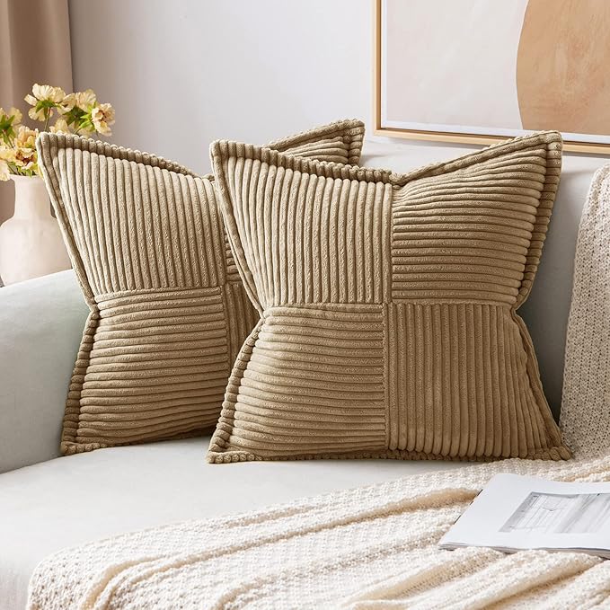MIULEE Decorative Throw Pillow Covers for Couch Bed Livingroom 12x12 Inch Set of 2 Khaki Boho Accent Throw Pllows Broadside Striped Patchwork Soft Corduroy Pillowcases