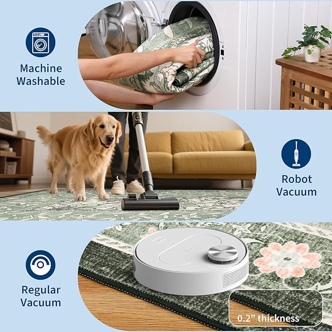 GarveeHome Provence Area Rugs 9x12 Living Room, Botanical Grove Sage Green Cottagecore Washable Rug for Bedroom Dining Nursery Low-Pile Vintage Large Soft Carpet