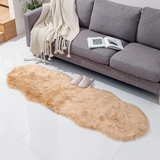 linmopm Faux Fur Rug Sheepskin Shag Fluffy Fuzzy Beige 2x6 ft Runner Rugs for Bedroom Bedside Bed Floor Living Room Plush High-Density Cushion Carpet Super Sofa Cover