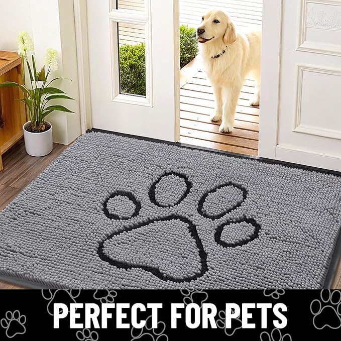 Smiry Dog Door Mat for Muddy Paws, Absorbent Dirt Trapper Non Slip Quick Dry Washable Chenille Mat for Mud Dogs, Entry Rug for Indoor and Outdoor (70x24 Inches, Grey and Black)