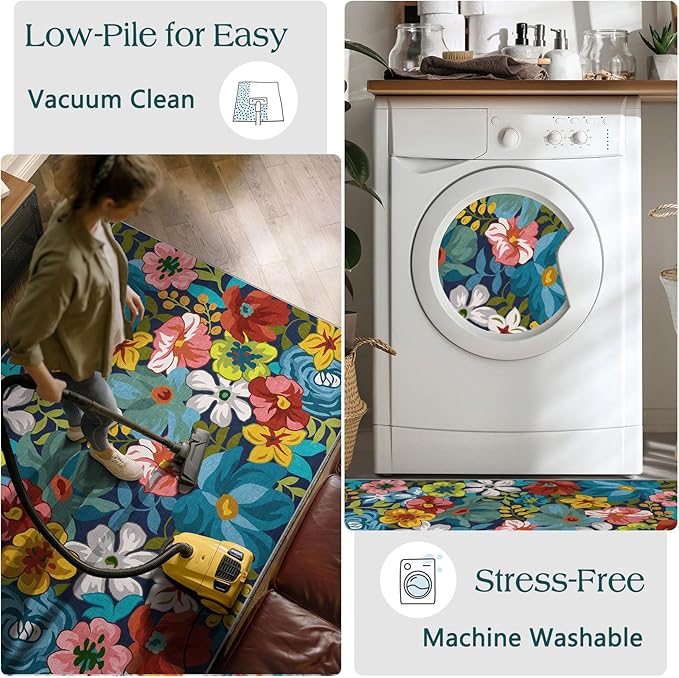 Front Door Mat Indoor Entrance - 2x4.3 Ft Floral Washable Layered Doormat Outdoor Entrance Porch Rug Non-Slip Spring Colorful Flower Runner Rug for Kitchen Bedroom Laundry Room Porch Decor