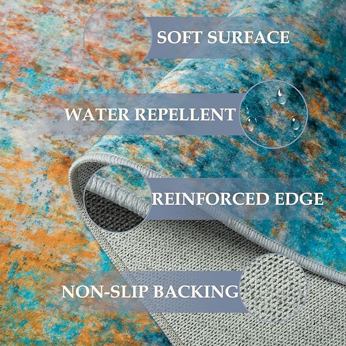 Washable Area Rugs 5'x7' Non-Slip Modern Abstract Soft for Living Room Entryway Bedroom Nursery, Print Pattern, Teal Blue Green Orange Rust Red Coloreful