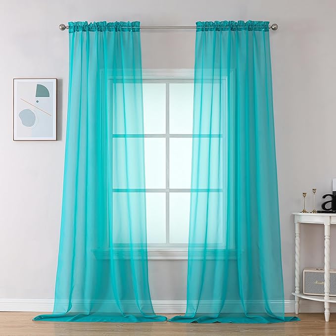 OVZME 2 Panels Sheer Window Curtain Panels 96" Length for Bedroom, Top Rod Pocket Design Window Treatment for Living Room, 42W x 96L inches, Turquoise