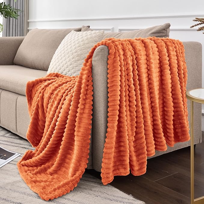 BEDELITE Fleece Blanket Twin Size – 3D Ribbed Jacquard Soft and Warm Decorative Fuzzy Blankets – Cozy, Fluffy, Plush Lightweight Throw Blankets for Couch, Bed, Sofa(Orange, 60x80 inches)