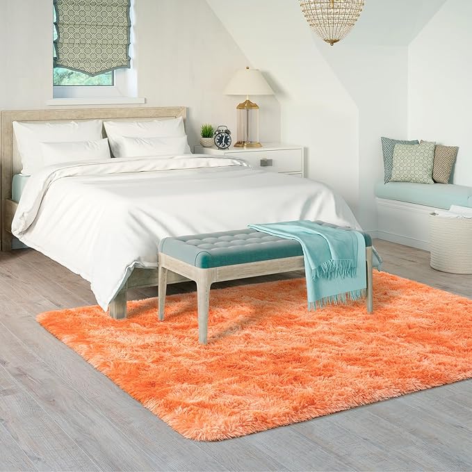 Goideal Fluffy Rug for Bedroom Living Room, 7x10 Orange Area Rugs, Faux Fur Shag Modern Carpet Ultra Soft Girls Boys Room Home Decor, Tie-Dyed