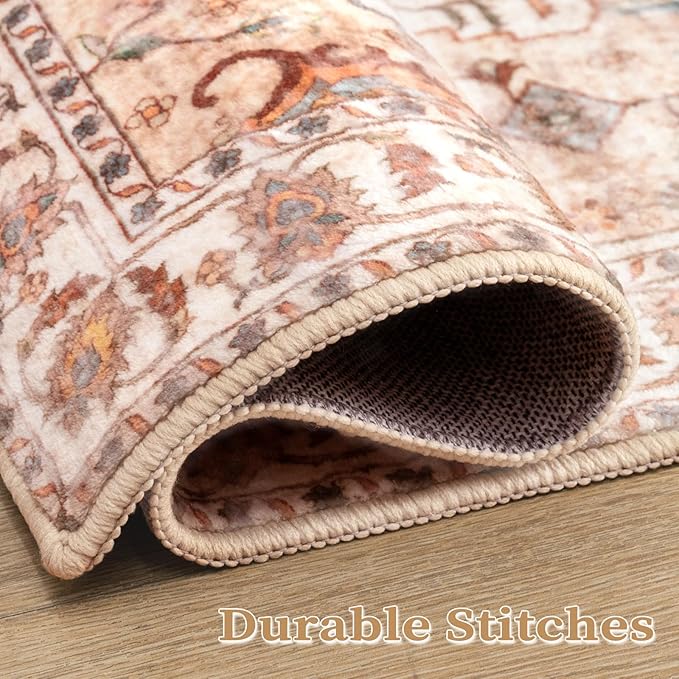 SERISSA Boho 8x10 Area Rugs Peach Cream, Washable Vintage Large Living Room Rug Non-Slip, Ultra Soft Oriental Print Distressed Farmhouse Carpet for Dining Room Bedroom Dorm Office Home Decor