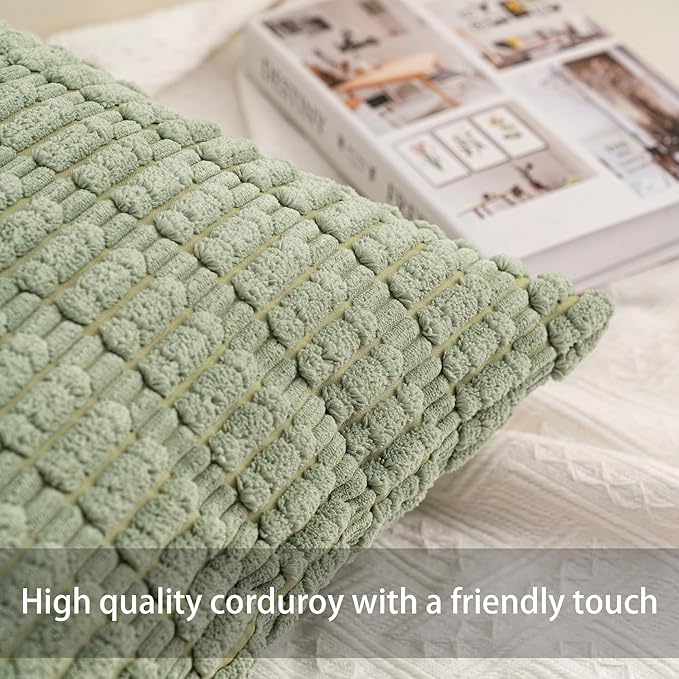 Pack of 2 Corduroy Decorative Throw Pillow Covers 16x16 Inch Soft Striped Pillow Covers Modern Farmhouse Home Decor for Sofa Living Room Couch Bed（Sage Green）