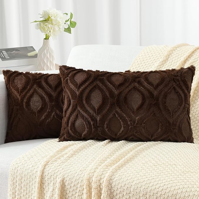 decorUhome Throw Pillow Covers 12x20 Inch Set of 2, Soft Plush Faux Wool Dark Brown Solid Couch Pillow Covers, Accent Farmhouse Neutral Rectangle Pillow Cases for Sofa Bed Living Room