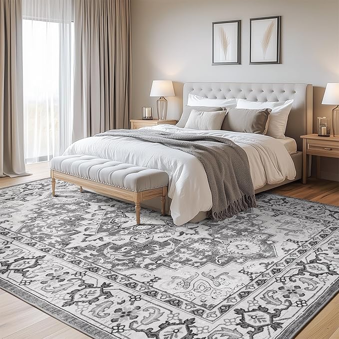 Lofus 5x7 Area Rugs for Living Room, Washable Area Rug, Rugs for Bedroom, Kitchen, Vintage Boho Carpet, Soft Non-Slip, Low Pile Large Area Rug for Office Dining Room, Floral Grey