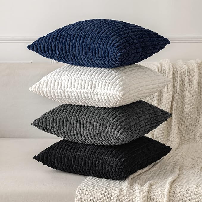 MIULEE Pack of 2 Corduroy Decorative Euro Sham Throw Pillow Covers 24x24 Inch Soft Boho Striped Pillow Covers Modern Farmhouse Home Decor for Halloween Sofa Living Room Couch Bed Black