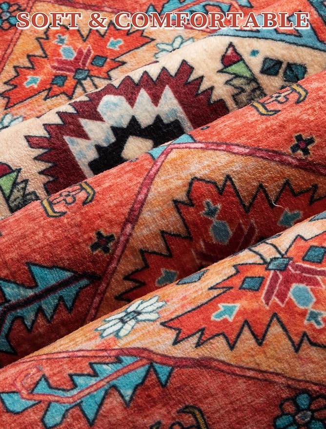 SERISSA Boho Washable Runner Rug, 2'6"x10' Rug Runner Non-Slip Vintage Orange Hallway Kitchen Runner Rug Ultra Soft Print Distressed Tribal Floor Carpet Runner for Bedroom Bathroom Laundry Room
