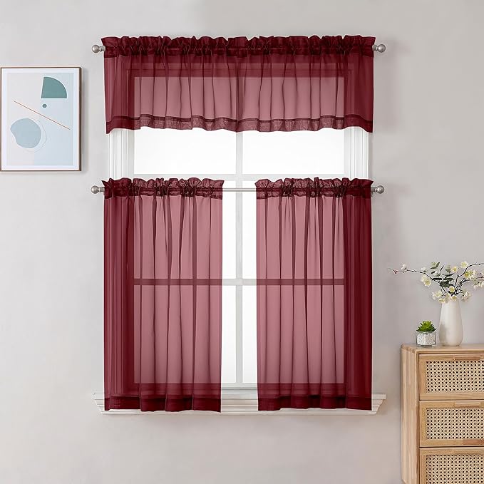 Chyhomenyc Sheer Valances for Windows 2 Pack, 42W x 14L inches Small Window Curtains for Living Room Bathroom Cafe Laundry Basement, Modern Top Dual Rod Pocket Voile Curtain, Burgundy