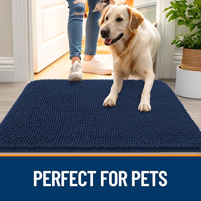 OLANLY Dog Door Mat for Muddy Paws 34x21, Absorbs Moisture and Dirt, Absorbent Non-Slip Washable Doormat, Quick Dry Chenille Mud Mat for Dogs, Entry Indoor Entryway Carpet for Inside Floor, Dark Blue