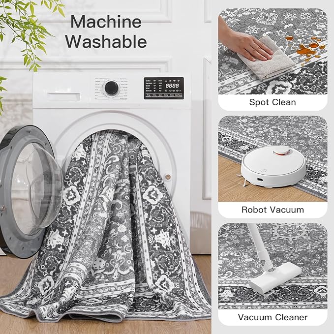 Lofus 8x10 Area Rugs for Living Room, Machine Washable Non-Slip Area Rug, Low Pile Large Rugs for Bedroom, Kitchen, Dining Room, Home Office, Vintage Oriental Print Rug, Light Grey with White