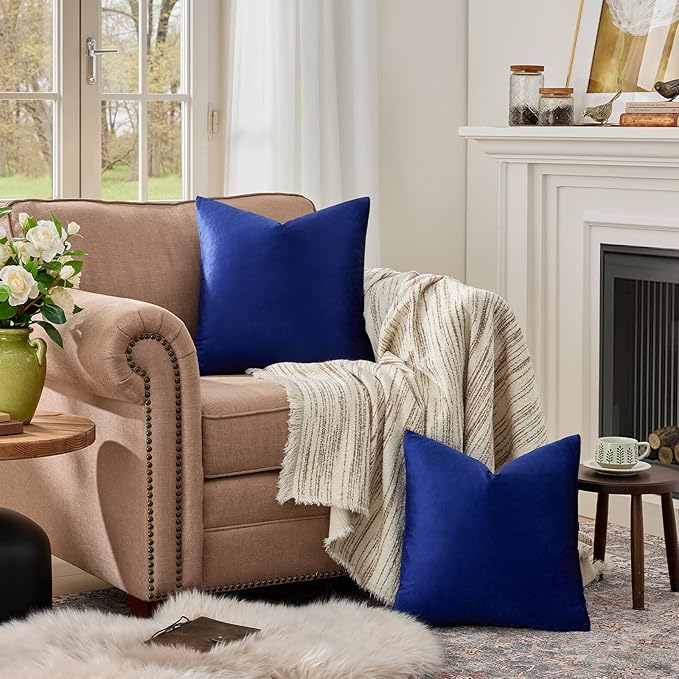 GIGIZAZA Blue Decorative Throw Pillow Covers, 20x20 Velvet Square Solid Couch Pillows for Bedroom Set of 2 Modern Home Decor Super Soft Cushion Pillowcases