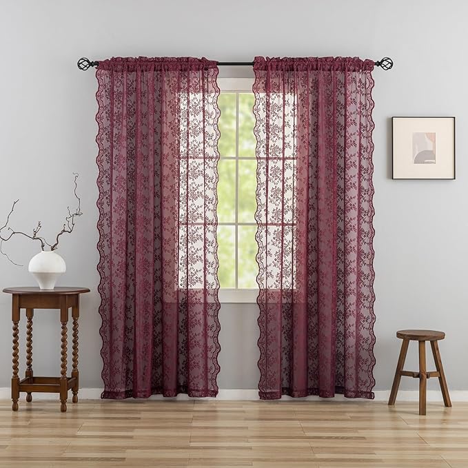 YJ YANJUN Vintage Lace Curtains 96 Inches Long-Victorian Floral Burgundy Xmas Curtain Panels for Living Room 2 Panels Privacy 8ft Holiday Christmas Seasonal Themed Winter Decor 52" W x 96" L Maroon