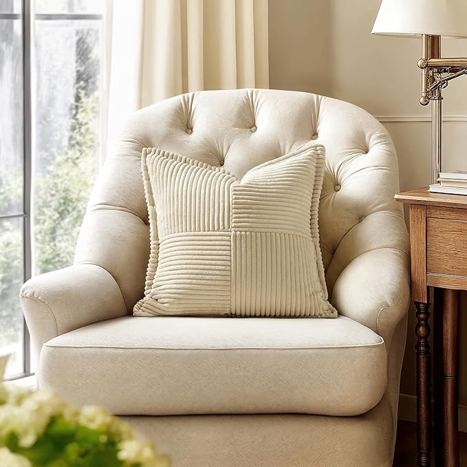 MIULEE Cream Corduroy Decorative Euro Sham Pillow Covers 24x24 Inch with Splicing Set of 2 Soft Boho Pillow Covers Broadside Textured Pillowcases for Couch Bed Livingroom