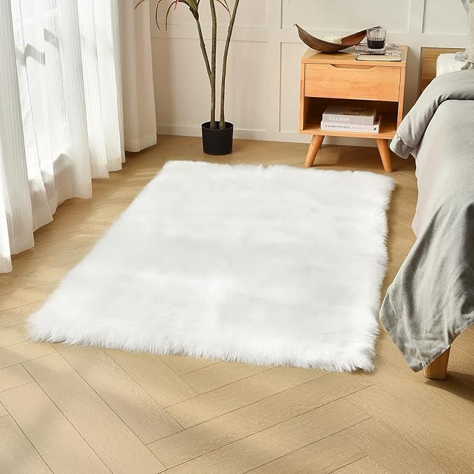 duduta White Faux Sheepskin Fur Rug 3x5 ft, Fluffy Shag Bedroom Dorm Nursery Playroom Carpet Rug Non Slip Washable
