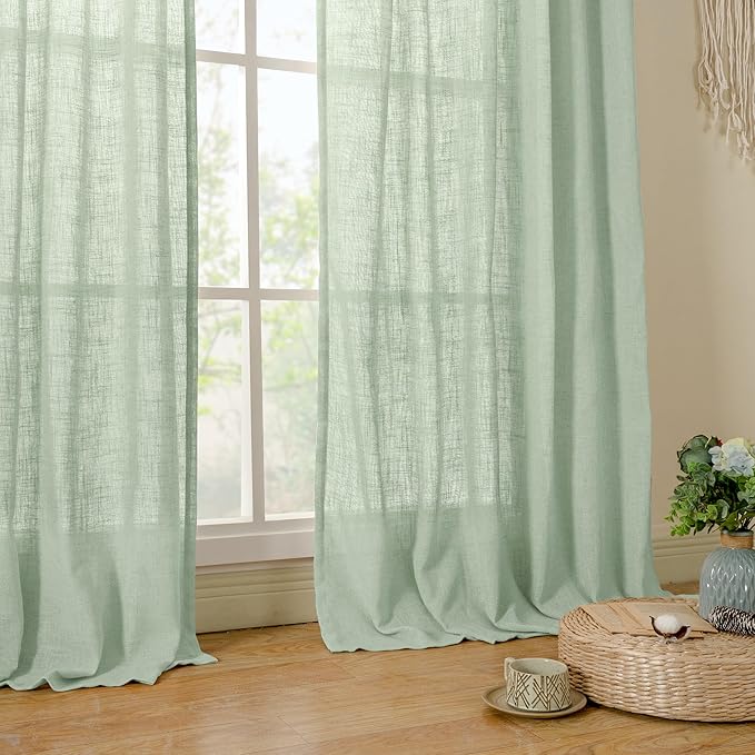 LAMIT Semi Sheer Linen Curtains 45 Inches Long, Light Filtering Panels Back Tab and Rod Pocket Neutral Drapes for Kitchen/Window/Bedroom, Fresh Green, 2 Panels, 52 x 45 Inch