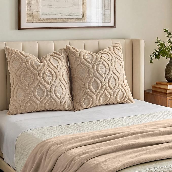 decorUhome Throw Pillow Covers 16x16 Inch Set of 2, Soft Plush Faux Wool Light Khaki Solid Couch Pillow Covers, Accent Farmhouse Neutral Square Pillow Cases for Sofa Bed Living Room