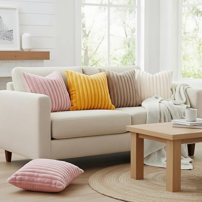 decorUhome Summer Cozy Faux Fur Throw Pillow Covers 22x22 Set of 2 Decorative Plush Striped Modern Farmhouse Boho Couch Euro Sham Pillow Cases with Velvet Back for Sofa Bed Living Room, Cream White