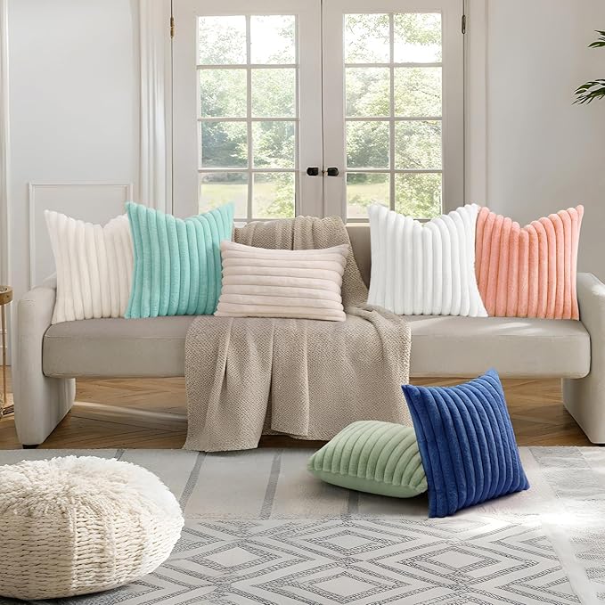 decorUhome Summer Cozy Faux Fur Throw Pillow Covers 16x16 Set of 2 Decorative Plush Striped Modern Farmhouse Boho Couch Pillow Cases with Velvet Back for Sofa Bed Living Room, Blush Pink