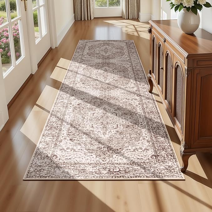 Lofus 2x8 Runner Rug for Hallways, Washable Kitchen Rugs, Non-Slip Rugs for Entryway and Bedroom, Vintage Boho Carpet, Soft Low Pile Long Runner Area Rug, Vintage Beige Brown