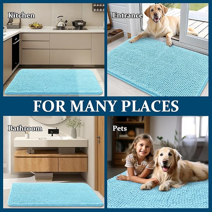 OLANLY Dog Door Mat for Muddy Paws 50x30, Absorbs Moisture and Dirt, Absorbent Non-Slip Washable Doormat, Quick Dry Chenille Mud Mat for Dogs, Entry Indoor Entryway Carpet for Inside Floor, Blue