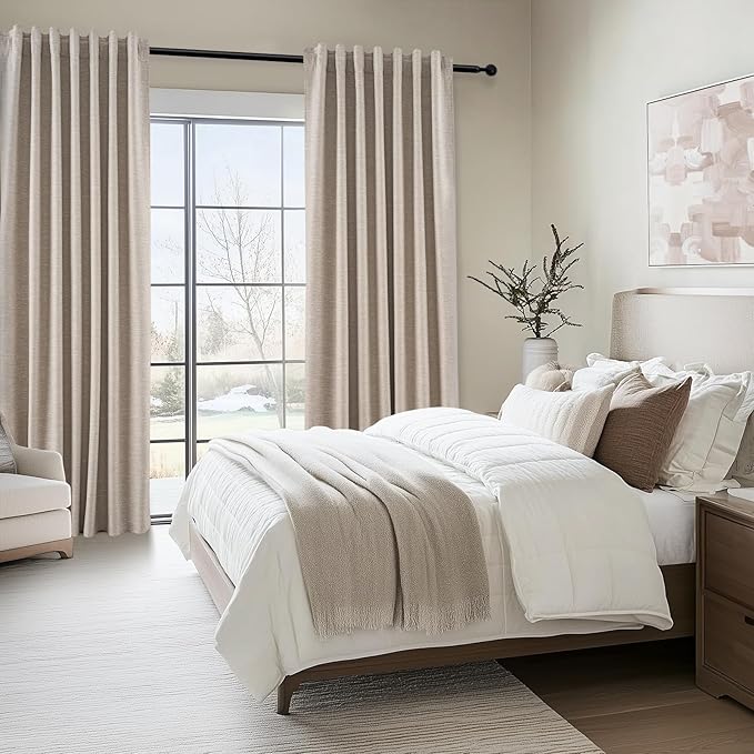 Topfinel 94 Inches Long Taupe Flax Custom Blackout Linen Curtains, Viral Ivory Pinch Pleated Noise Cancelling Curtains with Pin Hooks for Traverse, Burlap Viral Drapes 2 Panels for Living Room