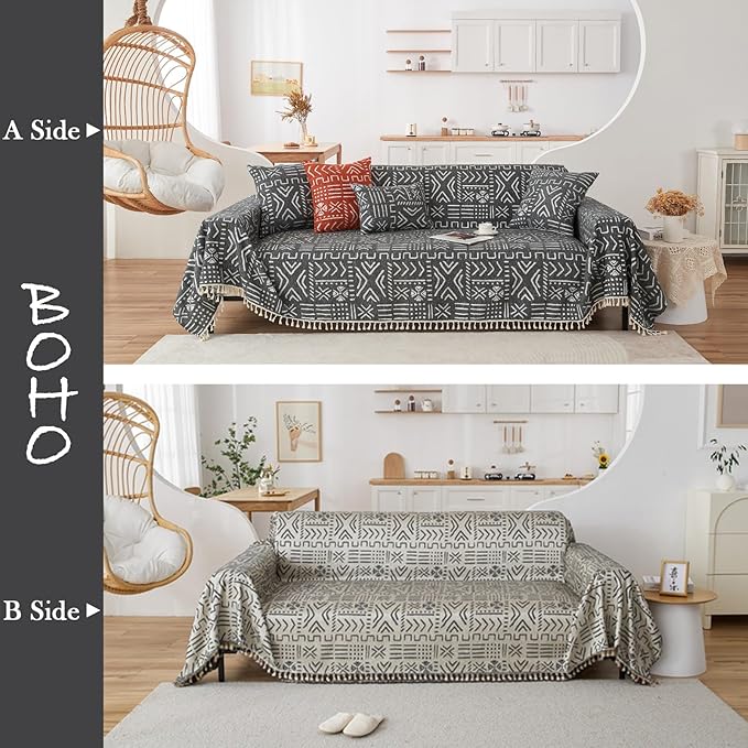 HANDONTIME Black White Boho Sofa Cover Geometric Farmhouse Tassel Couch Covers Boho Living Room Décor Dog Sofa Covers for Slipcover Aesthetic Couch Cushion Cover Couch Protector for Dogs, 71" X134"