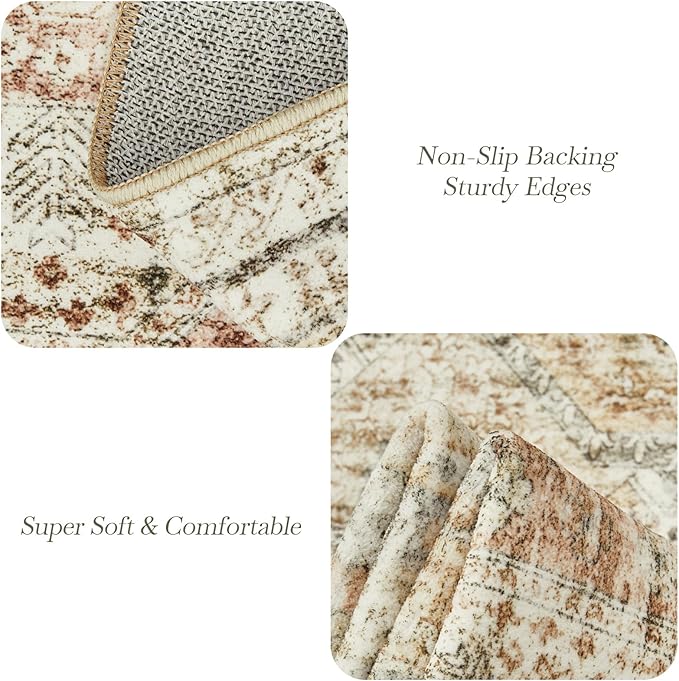 9x12 Area Rugs for Living Room, Non Slip Machine Washable Vintage Rugs, Low Pile Lightweight Large Rug for Bedroom, Dining Room, Home Office Brown Pink