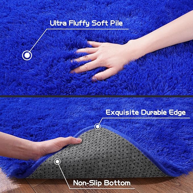 Pionblank 8x10 Rug for Living Room, Fuzzy Plush Large Area Rug, Fluffy Modern Shag Non Slip Soft Furry Carpet for Bedroom Kids Room Nursery Teens Dorm Home Decor, Royal Blue